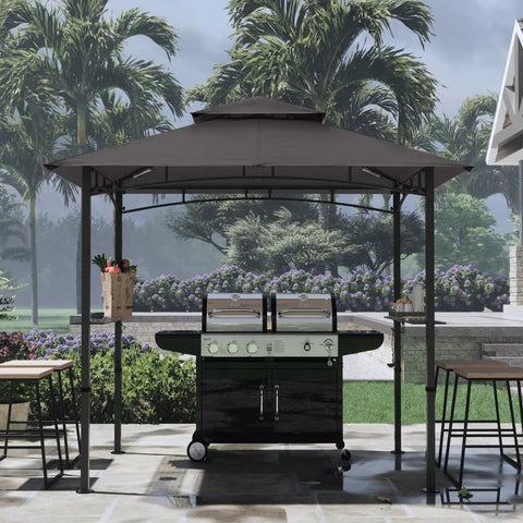 Front view of 8 By 5 Foot Outdoor Grill Gazebo With Double Tier Canopy And LED Light, BBQ Party Shelter, Rustproof Steel Frame, Gray.
