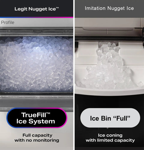Comparison of nugget ice quality, showcasing Opal 2.0 XL Nugget Ice Maker With 1 Gallon Tank On Countertop and imitation ice systems.