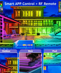 100Ft Outdoor LED Strip Lights Waterproof IP68 With Bluetooth App Remote Control And Music Sync RGB Exterior Rope Lights lit around backyard pool and house