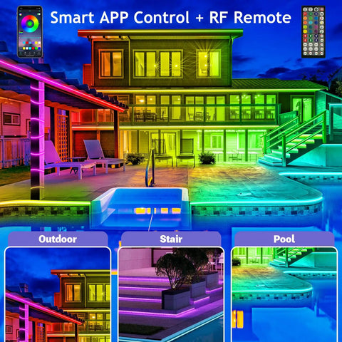 100Ft Outdoor LED Strip Lights Waterproof IP68 With Bluetooth App Remote Control And Music Sync RGB Exterior Rope Lights lit around backyard pool and house