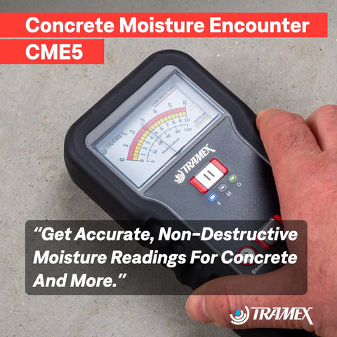 Concrete Moisture Encounter CME5 Meter For Quick Non Destructive No Guesswork Reading Of Moisture Content In Concrete Floors Slabs And Screeds ASTM F2659 Compliant Accurate Gravimetric Baseline Testing handheld meter on concrete slab