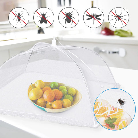 Outdoor Mesh Food Covers Set 10 Pack Pop Up Tents for Picnic and Camping displayed in a kitchen over a bowl of fruit with insect icons.