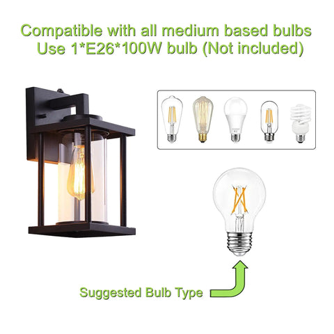 Black wall light fixture with clear glass, E26 base, compatible bulb types; 2 Pack Black Exterior Wall Light Fixtures With Dusk To Dawn Sensor