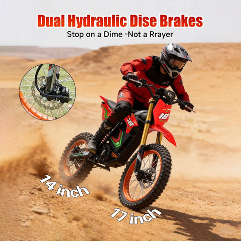 Rider on HAPPYRUN F18 Electric Dirt Bike Mid-Drive Motor 6000W Peak, showcased on desert terrain, dual hydraulic brakes visible