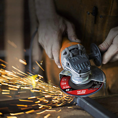 Beefy 80 Grit Zirconia Flap Discs Type 29, 4 1/2 X 7/8 Inch Sanding Discs being used on metal, sparks flying