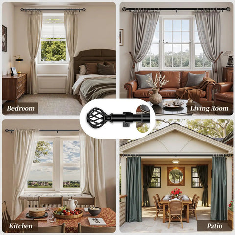 Matte Black Adjustable Curtain Rod 48 To 90 Inches Heavy Duty 1 Inch Drapery Rod in bedroom, living room, kitchen, patio settings