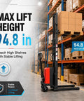 Heavy Duty 94.8 Inch Electric Pallet Stacker Forklift That Lifts A Whopping 3500 Lbs With Smooth Power And Rock Solid Frame For Super Fast Warehouse Moves You Can Trust next to high stacks of boxes in a warehouse.