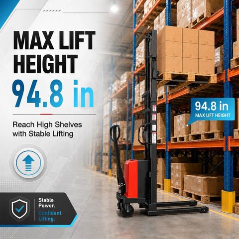 Heavy Duty 94.8 Inch Electric Pallet Stacker Forklift That Lifts A Whopping 3500 Lbs With Smooth Power And Rock Solid Frame For Super Fast Warehouse Moves You Can Trust next to high stacks of boxes in a warehouse.