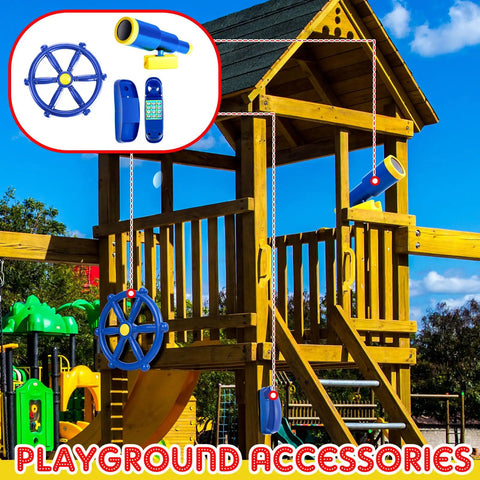 Blue Pirate Ship Wheel Toy Telescope And Telephone Playground Accessories Bundle For Outdoor Swing Sets And Playhouses