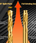 One Eighth Inch Titanium Drill Bits Set HSS Metal Jobber Length Twist Drill Bits With 135 Degree Split Point For Drilling Metal Plastic And Wood Pack Of 20 Durable Rust Resistant Coated Bits Ideal For DIY Projects, focusing on split point and grinding design features.