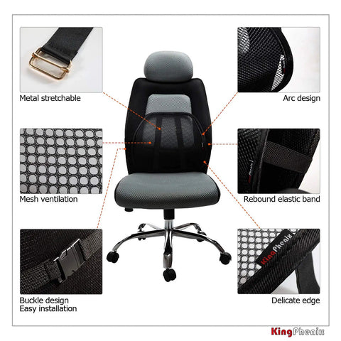 KingPhenix Two Pack Mesh Lumbar Support For Car And Office Chair with metal stretchable strap and breathable mesh design.