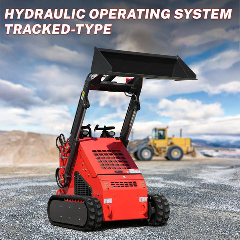 Compact Stand On Crawler Mini Skid Steer Loader With Trencher And 23 HP Gas Engine And Bucket Attachment in construction site