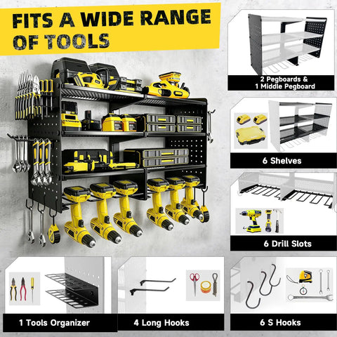 Heavy Duty Tool Wall Mount Organizer Four Tier Steel Rack With Drill Tools Holder And Hooks 400 Lbs Capacity Garage Storage