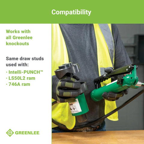 Person holding 11 Ton Hydraulic Knockout Punch Kit With Hand Pump And Ram, showing compatibility with Greenlee knockouts.