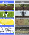 Comparison of steel stakes, ground stakes, PVC sleeves, and PE net against plastic stakes, flat bases, cloth sleeves, and low-density net, highlighting durability and features.