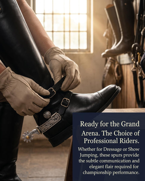 Person tightening Western Cowboy Spurs Set With Six Hole Spur Belt, Stainless Steel Spurs With Rotatable Gear And Leather Spur Straps