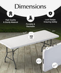 6 Foot Foldable Table With Built In Handle And Steel Legs, Heavy Duty Portable Utility Table Party Ready for Parties, showcasing dimensions and folded view