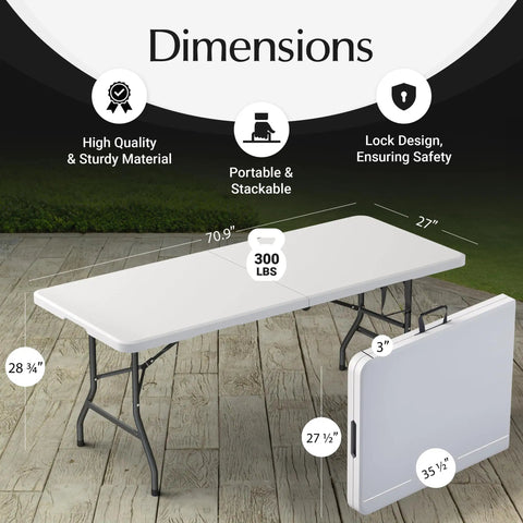 6 Foot Foldable Table With Built In Handle And Steel Legs, Heavy Duty Portable Utility Table Party Ready for Parties, showcasing dimensions and folded view