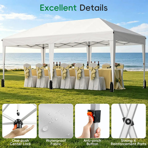 10x20 Pop Up Canopy Tent With 6 Sidewalls Windows And Roller Bag for outdoor parties by the beach with table setup
