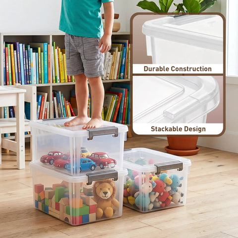 17 Quart Clear Plastic Storage Bins With Latching Lids Stackable Storage Containers for Garage Closet Kitchen in use with toys