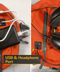 Hydration Backpack 18L With Upgraded 3L Leak-Proof Bladder showing USB and headphone port connections.