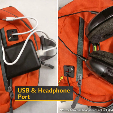 Hydration Backpack 18L With Upgraded 3L Leak-Proof Bladder showing USB and headphone port connections.