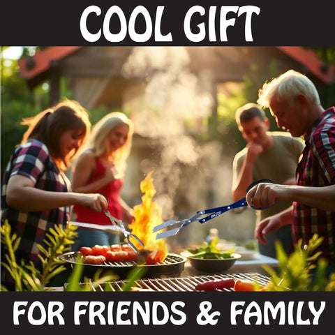 Group enjoying backyard grilling with the 18 Inch 3 In 1 Barbecue Tool With Long Tongs Spatula And Grill Scraper, Blue