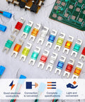 18 Piece Mini ANL Fuse Kit for Car Audio and Marine Electronics with various colored fuses next to wiring components