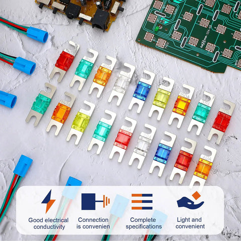 18 Piece Mini ANL Fuse Kit for Car Audio and Marine Electronics with various colored fuses next to wiring components