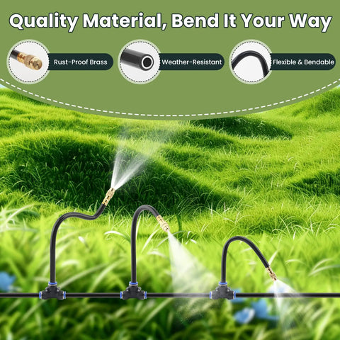 Flexible misting nozzles in action on the 100FT Automatic Drip Irrigation Kit With Water Timer And 360 Degree Bendable Copper Atomizing Nozzles.