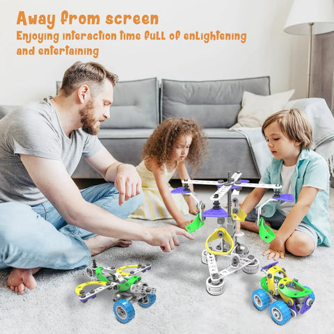 Hands On 107 Piece Motorized Erector Set For Kids Aged 4 To 8 STEM Building Toys With Electric Motor Movable Wheels Nuts Bolts Wrench And Screwdriver Includes Sturdy Storage Box And Seriously Fun Educational Gift used by kids and adult on carpet