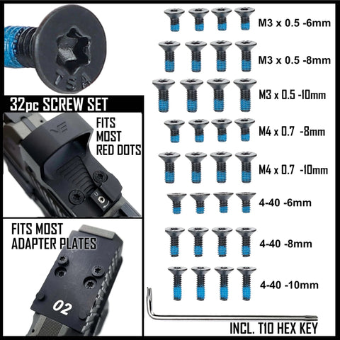 32 Piece Red Dot Optics Screw Set For Adapter Plates Fits Trijicon Holosun Vortex Shield Docter Vector Optics Pre Applied Threadlocker And Includes T10 Hex Key For Rock Solid Quick Mounting On Rifles And Pistols overview