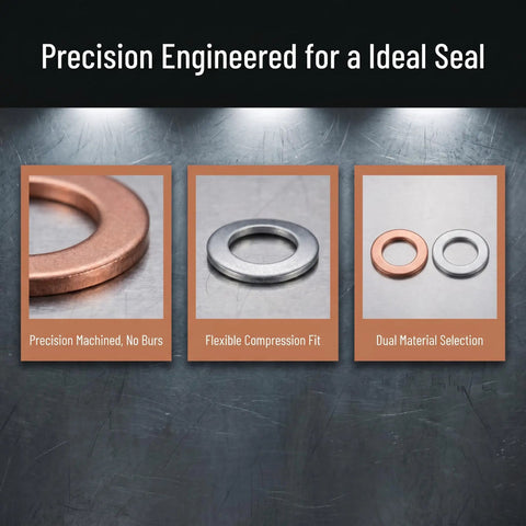 Close-up of Oil Drain Plug Crush Washer Kit for Cars, Universal Gasket Set in Aluminum and Copper with dual materials.