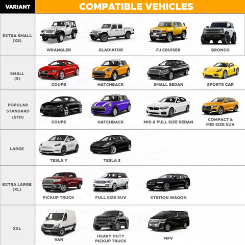 Universal Windshield Cover compatibility chart with vehicles like Wrangler, Gladiator, Coupe, Sedan, and Pickup Truck.