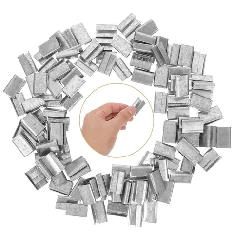 Sturdy Plastic Strapping Kit With Iron Buckle 1Kg Pack Of Banding Clips And Seals For Heavy Duty Industrial Strapping And Shipping Supplies Easy To Use No Training Required, close-up of a hand holding a banding clip.