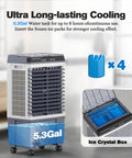 Portable Evaporative Swamp Cooler With 5.3 Gallon Water Tank 1700 Cfm Airflow Blows Sweet Chill with ice packs visible.