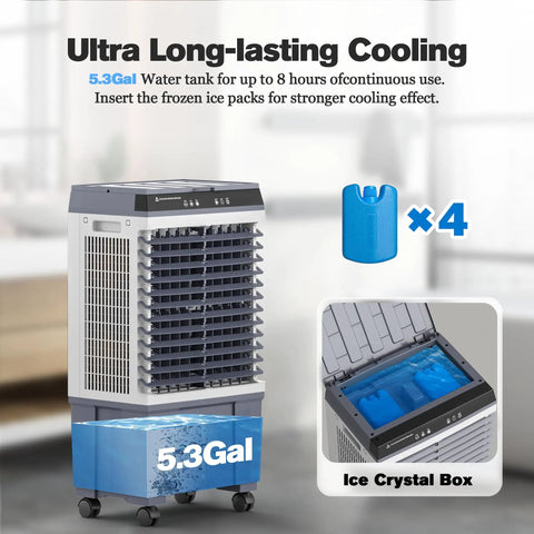 Portable Evaporative Swamp Cooler With 5.3 Gallon Water Tank 1700 Cfm Airflow Blows Sweet Chill with ice packs visible.