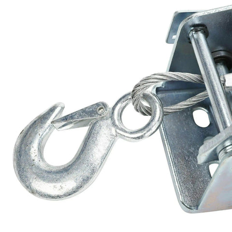 Close-up of 600 Lb Hand Winch With 26.3 Ft Steel Cable, Two Way Adjustable Manual Crank Winch hook and cable detail