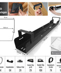 Under Desk Cable Tray For Clean, Mess Free Workspaces, Easy Cable Management Organizer in black with accessories and dimensions shown.