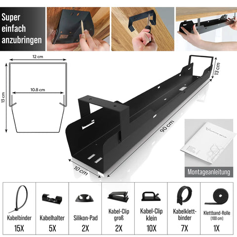 Under Desk Cable Tray For Clean, Mess Free Workspaces, Easy Cable Management Organizer in black with accessories and dimensions shown.