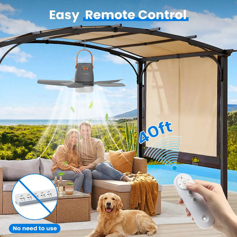 Straight Up Badass 21 Inch Portable Ceiling Fan With Built In Rechargeable Battery And Wireless Remote Bright Led Light in outdoor setting.
