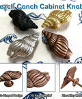 Coastal Conch Cabinet Knobs 4 Pack With Screws Ocean Vibe Zinc Alloy Drawer Pulls in silver, gold, black, and bronze finishes.