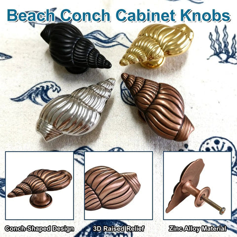 Coastal Conch Cabinet Knobs 4 Pack With Screws Ocean Vibe Zinc Alloy Drawer Pulls in silver, gold, black, and bronze finishes.