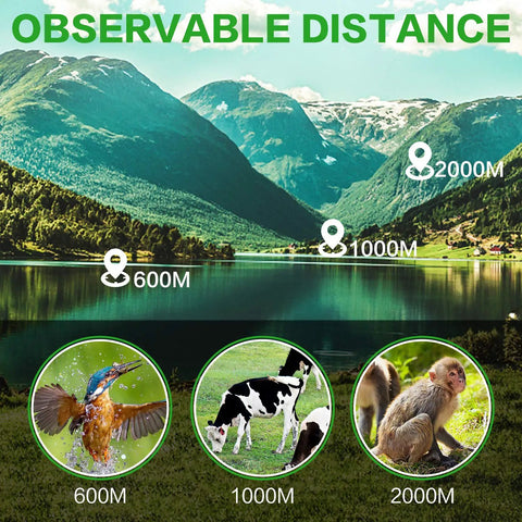 12X 60mm Monocular with Phone Adapter, Tripod and Strap for Bird Watching, Hiking, Concerts, Sports, Travel and Grab and Go Scenic Views, BAK4 Prism for Clear HD Imaging, Lightweight Night Vision Friendly, All Purpose Monocular showing observable distance graphic