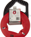 Gardner Bender 50 Foot Steel Fish Tape With Refillable Shatterproof Housing And Comfort Grips, shown from above with handle.