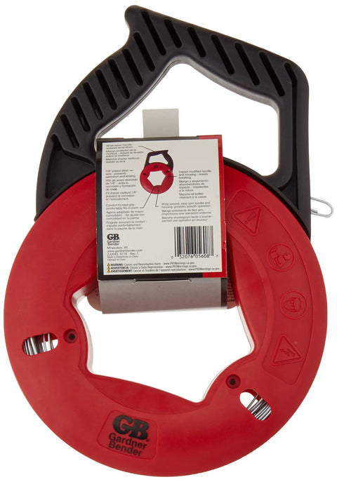 Gardner Bender 50 Foot Steel Fish Tape With Refillable Shatterproof Housing And Comfort Grips, shown from above with handle.