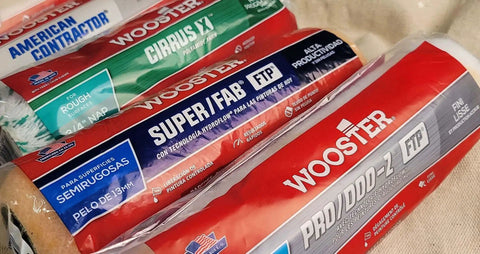 Various packaged Wooster roller covers for the 18 Inch Big Ben Frame For Roller Covers With One And A Half Inch Standard Or Two And Quarter Inch Jumbo Diameter