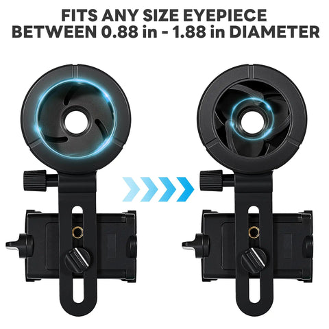 Universal Phone Scope Adapter For Spotting Scopes Telescopes Binoculars Monoculars And Microscopes Fits Most Smartphones Eyepiece Size 0.88 To 1.88 Inches Adjustable Clamp For Easy, Stable Attachments shown with eyepiece adjustments.