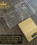 Portable Gold Digital Jewelry Scale 500g High Precision On The Go, Multi Unit Conversion For Grams Ounces Troy Ounces Pennyweight Carats Grains, Includes 2 Weighing Bowls, Piece Counting, Perfect For Jewelry, Food And Coins with protective cover on wooden surface