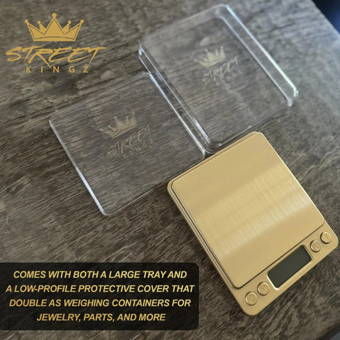 Portable Gold Digital Jewelry Scale 500g High Precision On The Go, Multi Unit Conversion For Grams Ounces Troy Ounces Pennyweight Carats Grains, Includes 2 Weighing Bowls, Piece Counting, Perfect For Jewelry, Food And Coins with protective cover on wooden surface